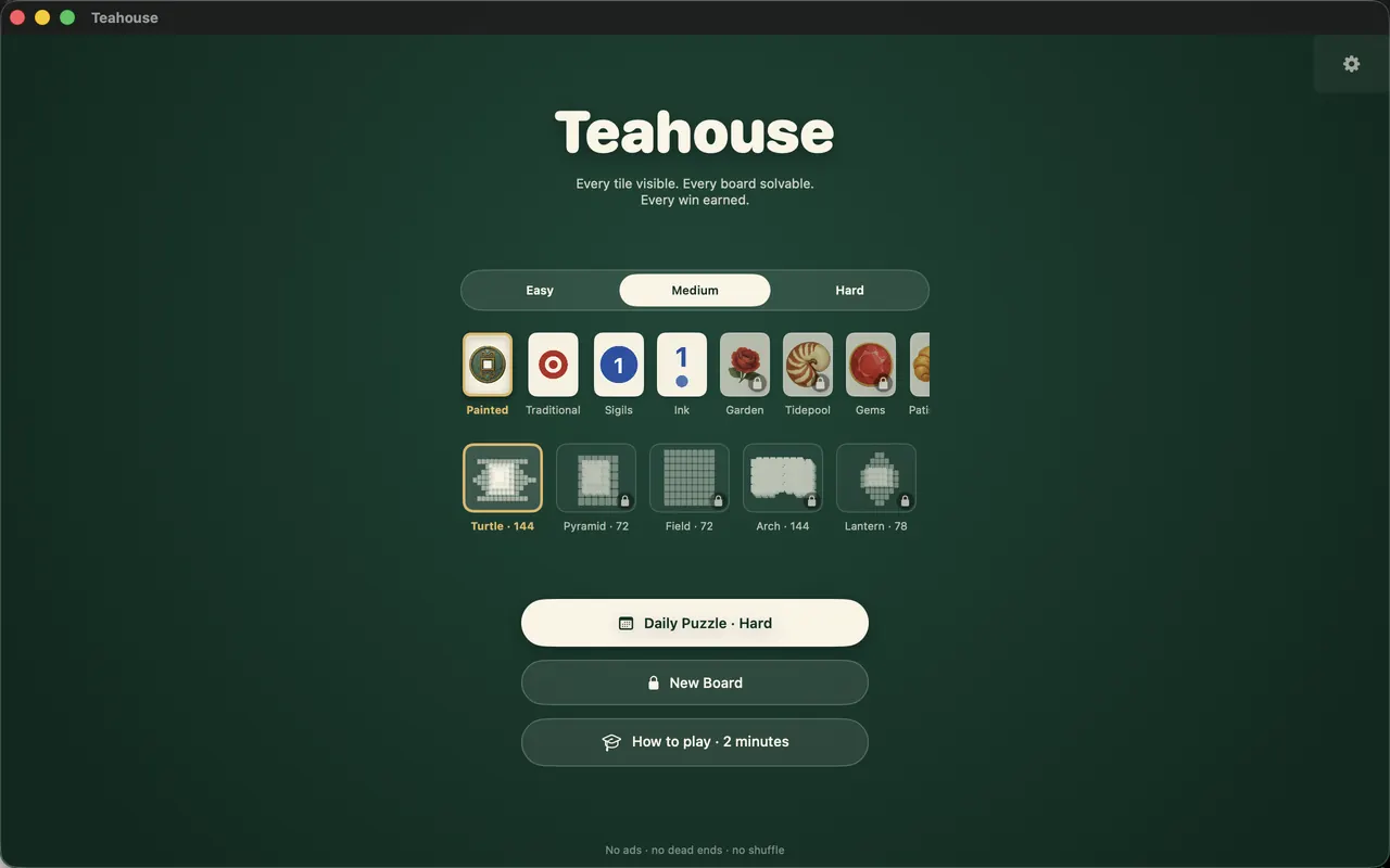 The table: pick a layout and a difficulty, or play the day's puzzle